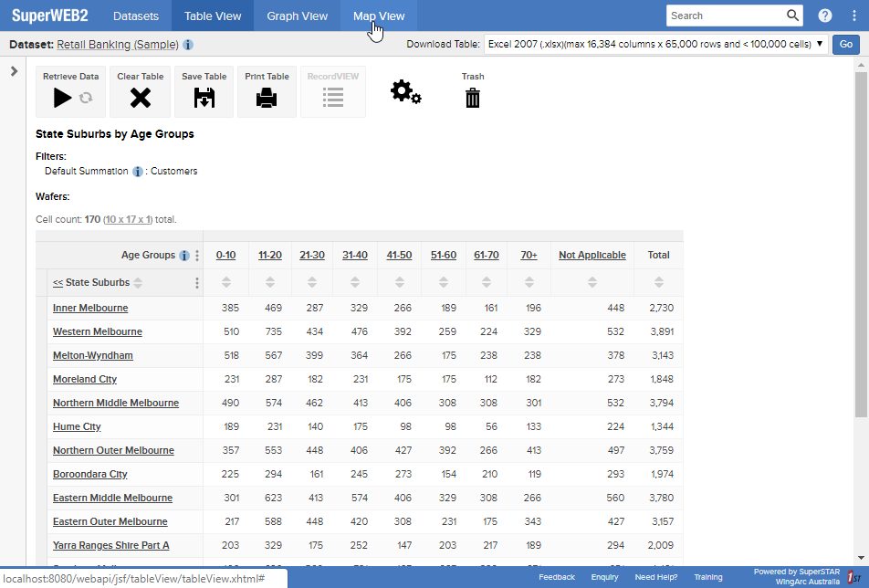 Table View with a table containing items from the Area field and the mouse pointer hovering over the Map View tab