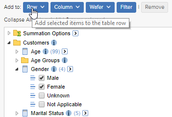 Click the Row button to add the selected items to the table