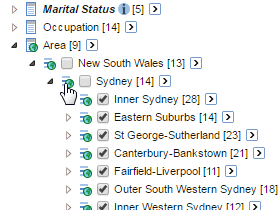 The field list with Area expanded and all items below Sydney in the hierarchy selected