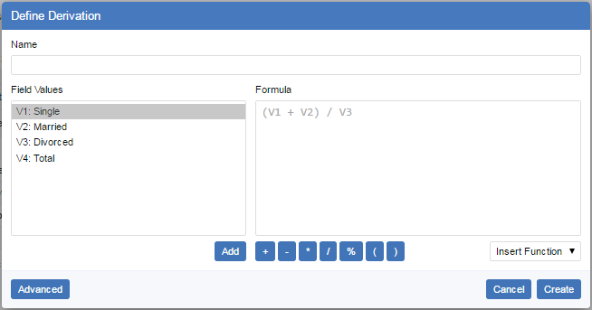 The Define Derivation dialog with the values from the Marital Status field available for selection