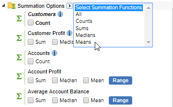 The list of available summation options with the Select Summation Functions drop-down menu open