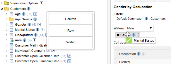 The field list and table with the Marital Status field being dragged onto an existing field in the wafers drop zone