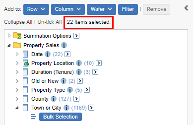 The field list with the 22 items selected for the Town or City field (out of 1,169)