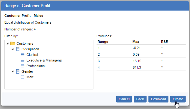 The Range dialog showing a summary of the user's selected options for the range being defined