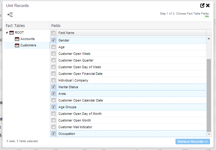 The Unit Records dialog with several fields selected