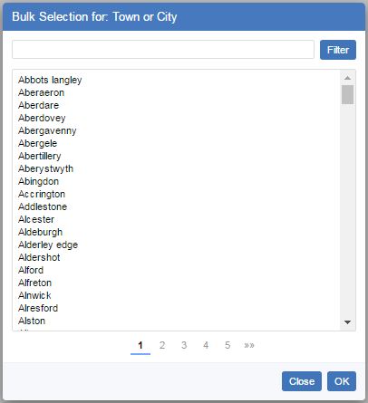 The Bulk Selection dialog for the Town or City field showing the first page of results