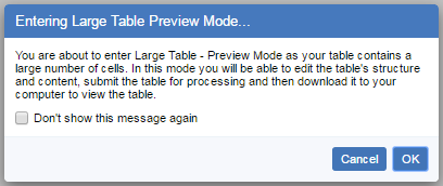 The Entering Large Table Preview Mode dialog