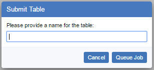 The Submit Table dialog with an option to enter the table name and the buttons Cancel and Queue Job