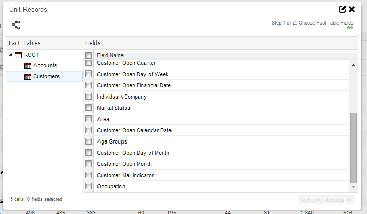 The Unit Records dialog with a list of available fields for selection