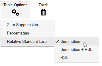 The SuperWEB2 settings menu with the Relative Standard Error submenu open and the Summation option selected