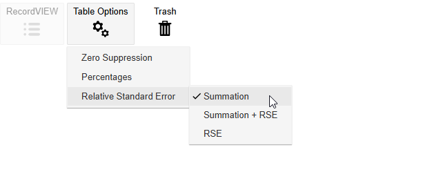 The SuperWEB2 settings menu with the Relative Standard Error submenu open