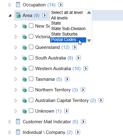 Selecting the Postal Codes option from the Select all at level drop-down menu on the Area field