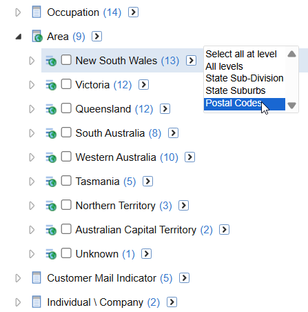 Selecting the Postal Codes option from the Select all at level drop-down menu on the New South Wales field