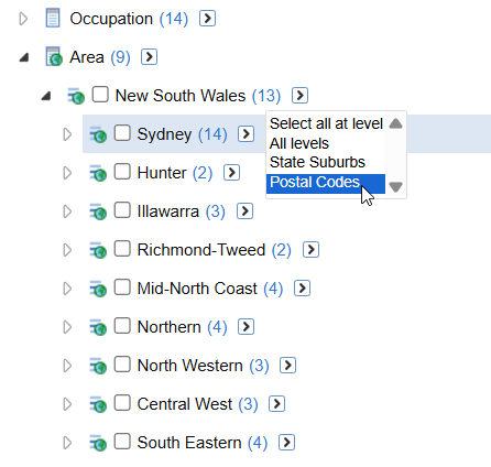Selecting the Postal Codes option from the Select all at level drop-down menu on the Sydney field