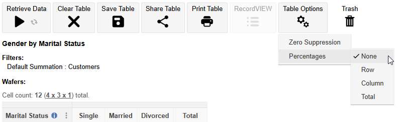 The Table Options Menu with the Percentages option displayed