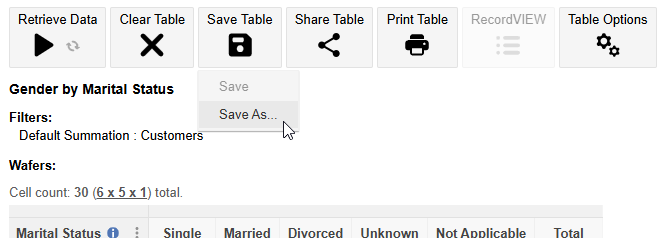 The mouse pointer hovering over the Save Table, Save As option in Table View