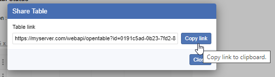The Share Table modal dialog with the mouse pointer hovering over the Copy Link button