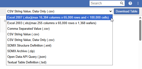 The Download Table drop-down showing available download formats