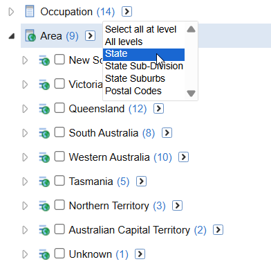 Selecting the State option from the Area Select All at Level dropdown box