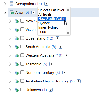 Selecting the State option by clicking New South Wales in the Area Select All at Level dropdown box