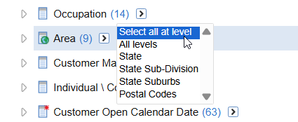 A drop-down list showing the Select all at level options for the Area field